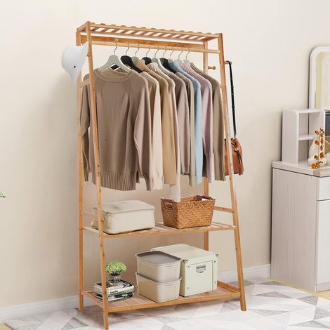 UNHO Armario Abierto de Bambú Perchero Burro Madera para Dormitorio Salón 80 x 43.5 x 165cm