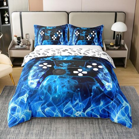 Housse de Couette 220x240cm 100% Coton pour Enfants Parure de lit Jeu Vidéo Housse de Couette Room Decor Luxury Blue Flame Modern Gamepad Literie Réversible (1/5)
