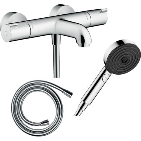 Pack mezclador termostático de baño HANSGROHE Ecostat 1001CL + flexo Isiflex + rociador Pulsify Select EcoSmart 105 3 chorros cromado