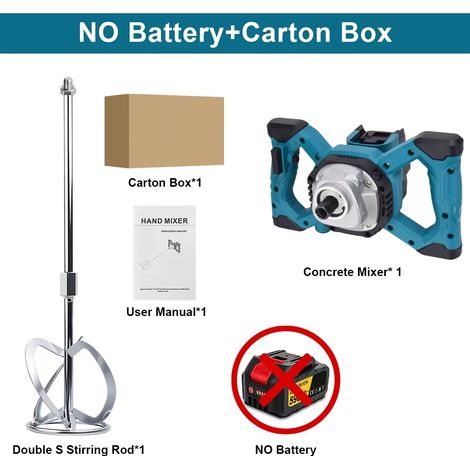 Mélangeur à béton électrique sans fil 6 vitesses, mélangeur à mortier et à plâtre, mélangeur à peinture, compatible avec batterie Makita 18V-No Battery No Plug