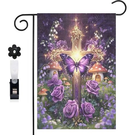 Drapeau de jardin croix dorée et arche florale 30 x 45 cm décoration terrasse et extérieur (1/5)