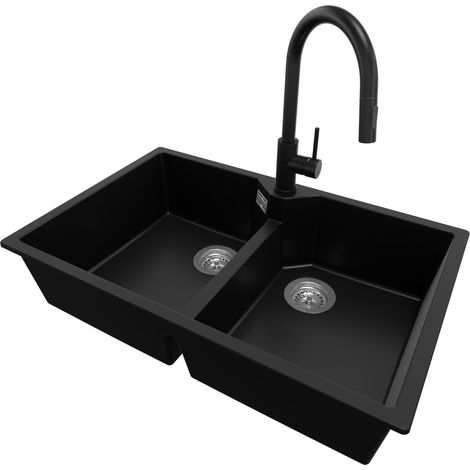 PRIMAGRAN Evier Cuisine en Granit 78x50cm, Lavabo 2 bacs + Robinet 40x20cm + Kit de Vidage, Évier à Encastrer au meuble 80cm - Madrid Twin, Noir (1/5)