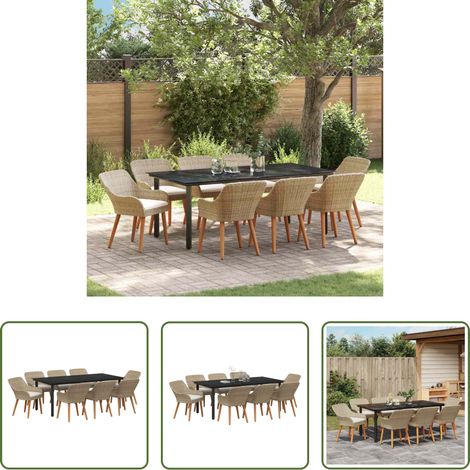 vidaXL Terrassentisch -  Garten Essgruppe mit Kissen 9 pcs Beige Poly-Rattan (1/5)