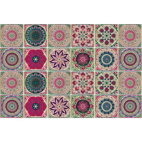 Lot de 24 carreaux adhesifs pvc motif mandala stickers muraux decoratifs cuisine salle de bain 10x10cm (1/5)