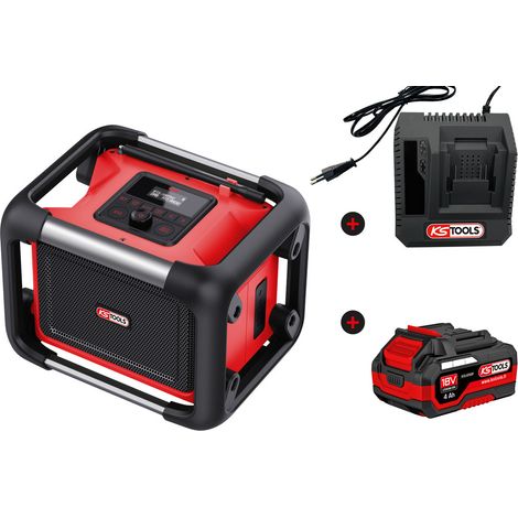 KS Tools - Enceinte bluetooth puissante - alimentation secteur ou avec batterie lithium-ion - radio de chantier - Chargeur simple et batterie 4 A inclus - 100172F-A1