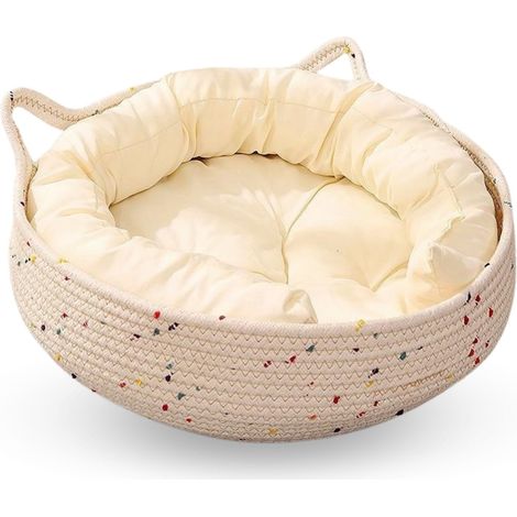 Cama para gatos de interior – cesto redondo lavable con cojín suave y laterales para rascar, acogedora cuna tejida para gatitos, tamaño: 45 × 15 cm (17,7 × 5,9 pulgadas)