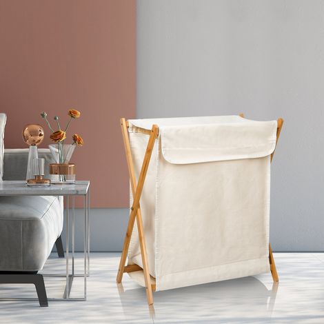 Beigefarbener faltbarer Wäschekorb für den Haushalt, großer Massivholz-Wäschekorb, Aufbewahrungskorb für Kleidung, Artefakt, Größe 56,5 x 34 x 50 cm, Bambus- und hanffest (1/5)