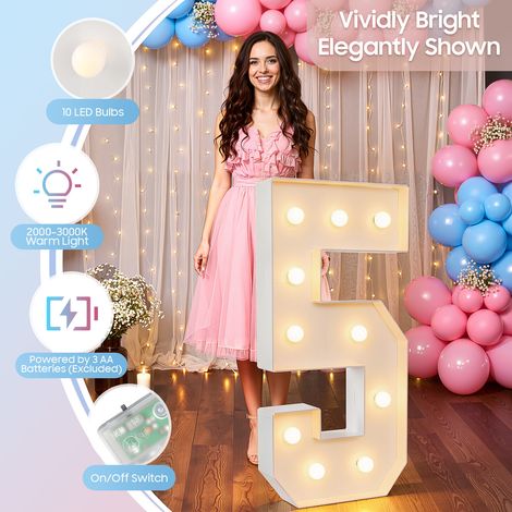 100cm Light Up Numbers, Mosaic LED Marquee Number Sign(5), 10 Warm White LEDs, KT Board Mosaic Frame, Wide Base Floor Standing, for Birthday Wedding Anniversary Table Wall Party Decor (1/5)