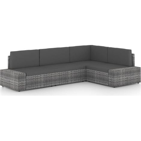4-tlg. Garten-Lounge-Set mit Kissen Grau Poly Rattan