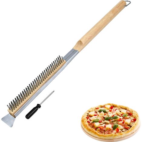 Brosse de Four à Pizza de 53,3 cm - Spatule en Acier Inoxydable Poils en Laiton Résistant aux Rayures Poignée en Bois Brosse Nettoyage pour Fours Extérieurs et Fours (1/5)