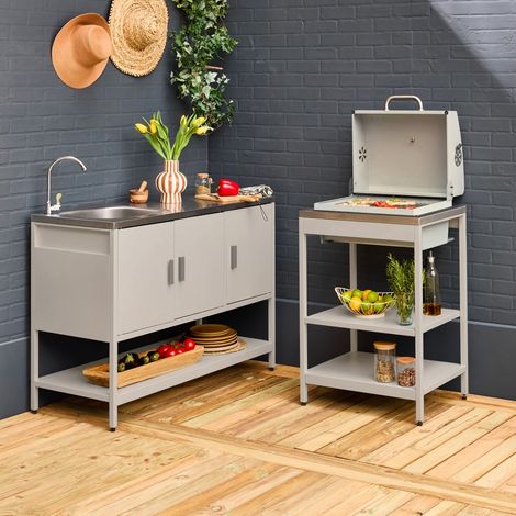 Cuisine extérieure Naxos 2 modules acier inoxydable beige barbecue au charbon avec évier (1/5)