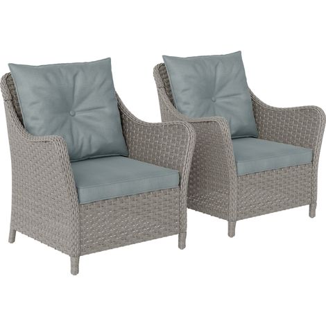 Rattan Garden Chairs Set of 2, Outdoor Rattan Chairs with Cushions, Armrests and High Back, PE Wicker Garden Armchair with Steel Frame for Balcony, Porch, Light Grey