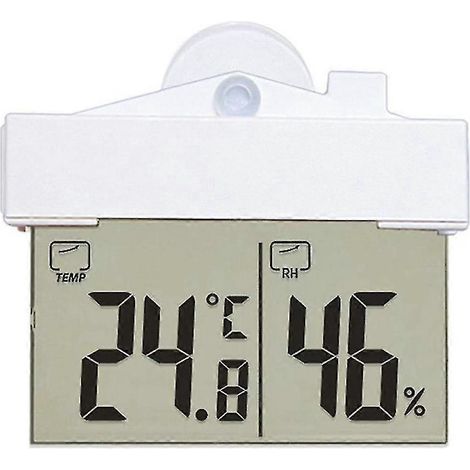 Transparentes digitales Thermometer-Hygrometer mit Frontdisplay zur Anzeige der Innen- und Außentemperatur.