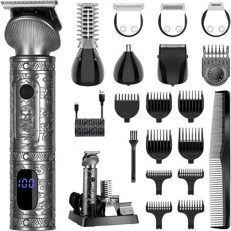 Surker Tondeuse Barbe Homme Tondeuse Cheveux Professionnelle Avec Lame en T de Coupe de Cheveux Chauve 0 mm Rasoir électrique Tondeuse Corps de Précision pour Nez 7 en 1，Gris