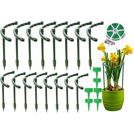 Lot de 16 Piquets de Support, Anneau Demi-Rond Plastique, Tuteur Jardin Petites Plantes, Fleurs, Légumes, Vert (1/4)