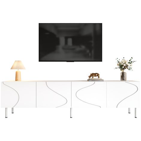 Mobile TV/tavolo porta TV dalle linee curve tridimensionali, 4 ante con funzione push-to-open, realizzato in truciolato e MDF, piedini cilindrici in metallo, mobile basso moderno per soggiorno. (1/5)