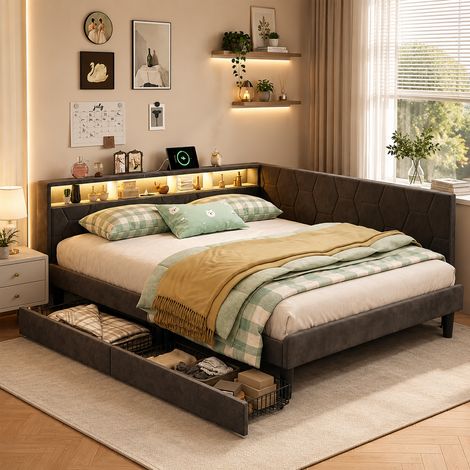 Lit capitonné 140x200cm, lumière LED, lit double avec port USB, lit coffre, barrières de sécurité réglables, 2 tiroirs de rangement, style moderne,sommier à lattes, lit adulte, Velours,Gris (1/5)
