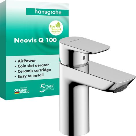 Mitigeur de lavabo sans vidage, robinet de salle de bain avec bec hauteur 96 mm, mitigeur lavabo économe en eau, chrome, 71349000 (1/5)