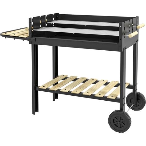 Grill à charbon, chariot à grill, 2 surfaces de grill, 2 roues, poignées, étagères, 113 x 53,5 x 82,5 cm, noir (1/5)