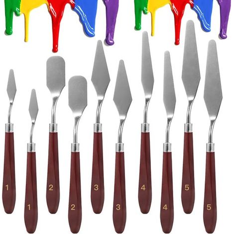 Ensemble de 10 couteaux à palette pour peintre - Lame en acier inoxydable - Accessoires pour peinture à l'huile - Pour peindre et texturer sur toile et acrylique - Marron (1/5)