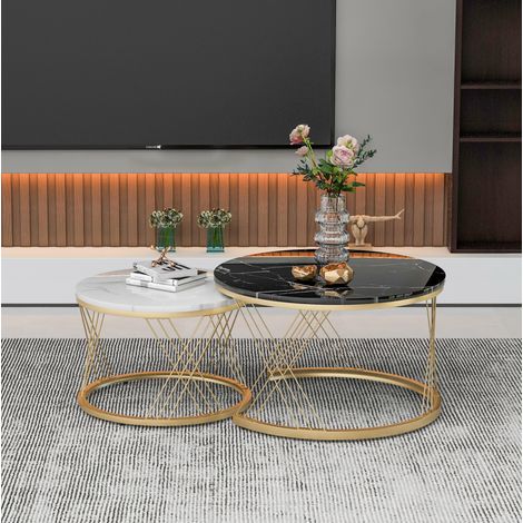 Set di 2 tavolini da caffè 70x70x45 cm e 45x45x40 cm nero e bianco in MDF con effetto marmo impilabili (1/5)