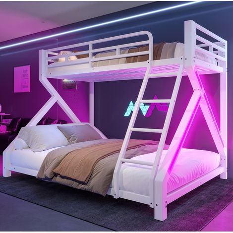 Letto a castello 90/200 cm e 140/200 cm in metallo con LED, bianco, struttura robusta (1/5)