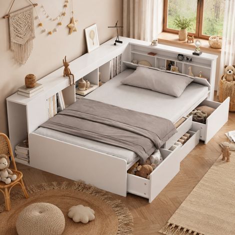 DESMIU Lit Enfant 1 Place avec 4 Tiroirs, Bibliothèque et Armoire de Rangement 90 × 200 cm, Sans Matelas, Blanc (1/5)
