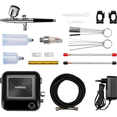 Wiltec HS-A9K Kompressor Set 1,5 bar Autostop, Airbrush Set inkl. verschiedener Düsen, Kompressor Zubehör Set 12 V, Druckluft Kompressor mit Air Brush