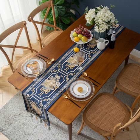 Chemin de table à pompons et motifs floraux, doux et décoratif, en chenille, anti-poussière, pour la maison ou l'hôtel, bleu foncé, 32 x 180 cm / 12,6 x 70,9 pouces (1/5)