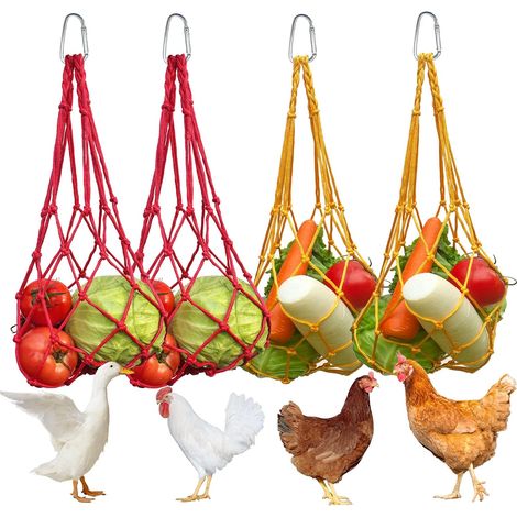 Juego de 4 comederos colgantes para pollos y verduras, bolsa reutilizable con cordón y gancho para juguetes de pollos, frutero para pollos y patos, accesorios para gallinero (1/5)