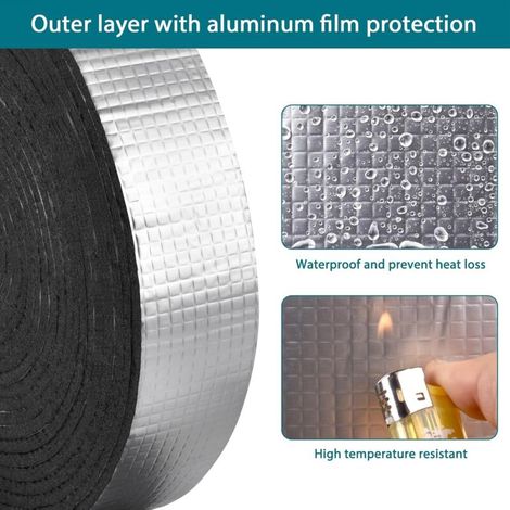 Ruban isolant tuyau avec adhésif – Isolation thermique et antigel pour tuyaux extérieurs – 2 rouleaux 5 cm x 10 m x 5 mm – Feuille d'aluminium ignifuge résistante aux intempéries (1/4)