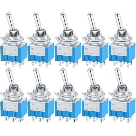 10-Pack Mini ON/OFF/ON Toggle Switch, 6-Terminal 3-Position DPDT Metal Toggle Switch, AC 125V 6A for Cars, Trucks and Boats MTS-203 (1/4)