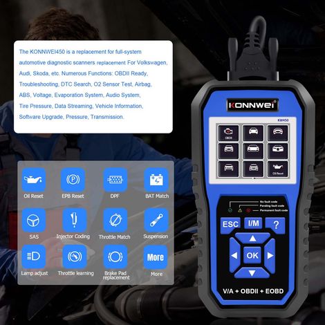 Strumento diagnostico OBDII per tutti i sistemi con 11 funzioni speciali, tra cui abbinamento batteria, controllo DPF, SAS, programmazione iniettori carburante e abbinamento farfalla. (1/5)