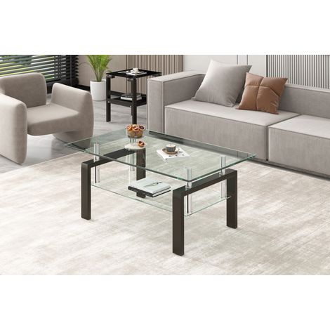 Table basse en verre trempé transparent et métal, 2 niveaux avec tablette, 100 x 60 x 44 cm, format compact pour salon ou petit espace – de FLORAGRACE (1/5)