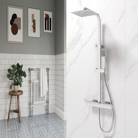 AICAIT Soffione doccia quadrato 20x20cm con doccetta quadrata 229x64mm, colonne doccia termostatiche con rubinetto 40mm, cromato lucido