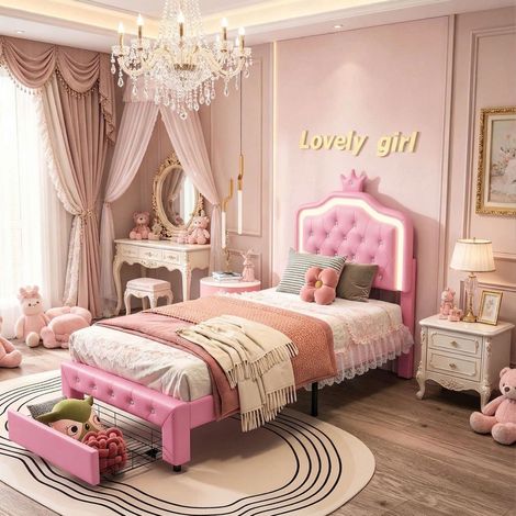 Letto per bambina 90x200 cm con LED, letto singolo in PU con testiera a conchiglia, rete a doghe, stile principessa