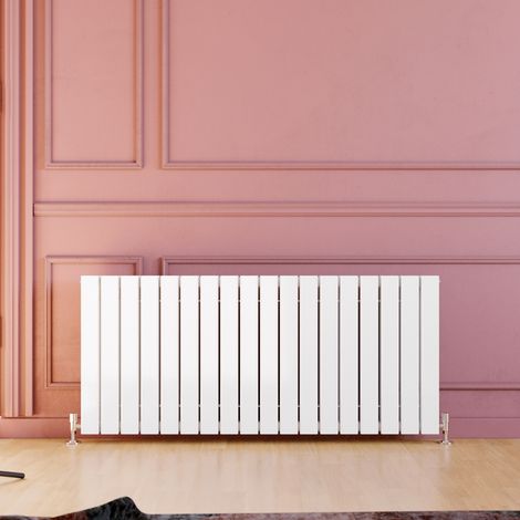 ELEGANT 600 x 1360 mm White Designer Horizontal Radiator White Double Flat Panel Bathroom Radiators High Heat Output + Anthracite Thermostatic Radiator Valves (1/5)