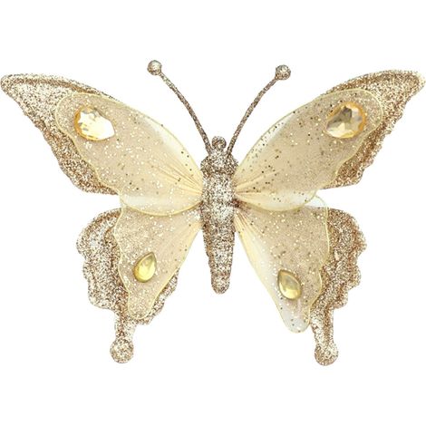 Papillon Décoratif - Accroche-Clip Pour Arbre De Noël - Finition Métallique Brillante - Or - Lot De 6 (1/5)