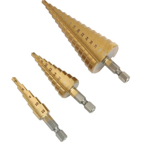 3-teiliges Stufenkegelbohrer-Set, 6,35 mm Sechskantschaft, HSS-Titan-Fräser, Lochöffnungswerkzeug (1/5)