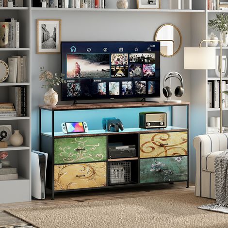 Meuble TV - avec 4 tiroirs et 3 compartiments ouverts - 137x29x78 cm - structure en fer - panneaux de particules - éclairage LED - multicolore (1/5)