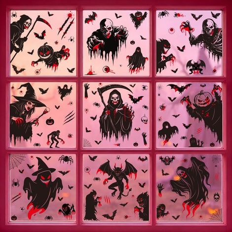 Décorations d'horreur pour Halloween : citrouille, crâne, faux, faucheuse, autocollants pour verre, chauve-souris, araignée, (L117) (1/5)