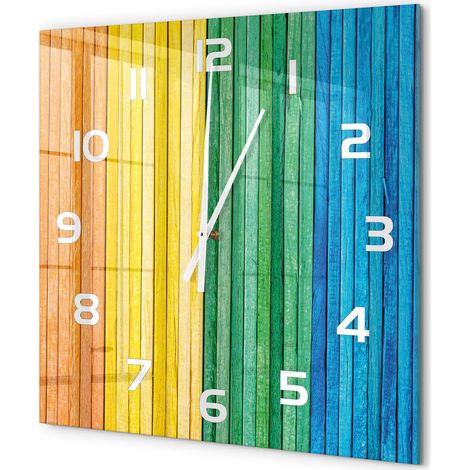 Grande Horloge Murale Carrée Originale en Verre Silencieuse Design Moderne Salon Rayures colorées 60x60 cm (1/5)