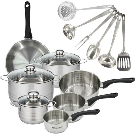 Set 1 poêle 24 cm 3 casseroles 12 16 20 cm, 3 faitouts 16, 20 et 24 cm en inox et 6 ustensiles inox Fackelmann Geneva (1/5)