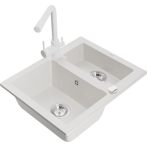 Mexen Carlos lavello in granito da 1,5 vasche con rubinetto da cucina Duero, bianco - 6518-20-671600-20 (1/5)