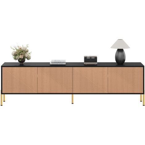 Meuble TV 179cm Noir et Or, Buffet Bas Design Moderne, Rangement Fermé Pieds Métal Doré