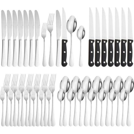 (silver) 48-Piece Cutlery Set, Service for 8 People, Mirror Polished Stainless Steel, with Steak Knife, Silver (1/5)