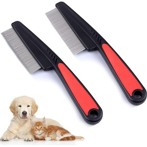 Peigne anti-puces en 2 parties pour chiens, chats et autres animaux de compagnie, peigne à poux professionnel, peigne à poussière, peigne à puces, dents fines et larges, peigne à lentes en acier inoxy (1/5)