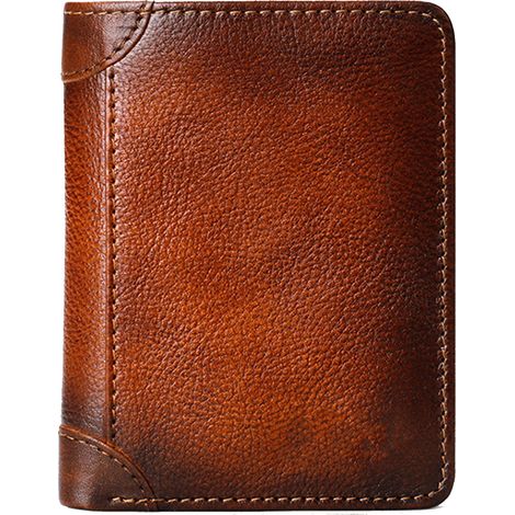 Portefeuille rétro trois volets homme, grand espace, multiples fentes pour cartes, porte-monnaie en cuir marron jaunâtre (1/5)