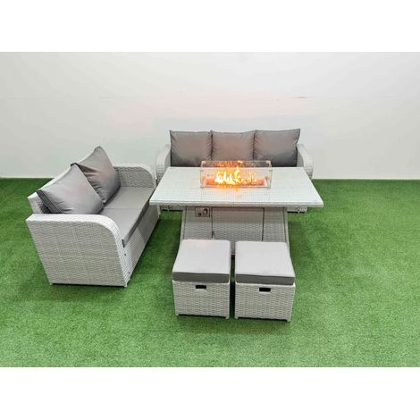Fimous 7 Seater PE Rattan Wicker Garden Furniture Patio Conservatory Sofa Set with Firepit Dining Table 3 Seater Sofa Love Sofa 2 Stools (1/4)