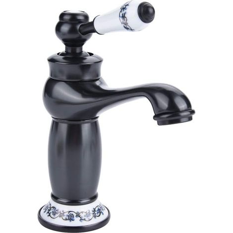 Robinet de lavabo antique en céramique et laiton, robinet mitigeur de cuisine en porcelaine bleue et blanche à long col, robinet de lavabo vintage, robinet d'eau chaude/froide (noir) (1/5)